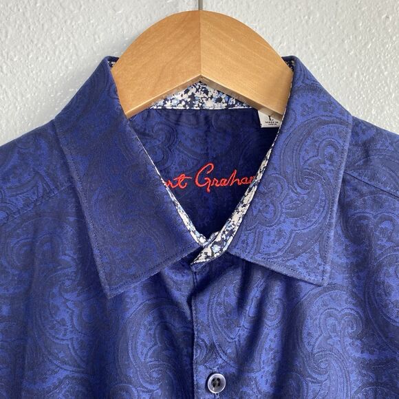 Robert Grahman Mens Large Navy Paisley Button Up Shirt Flip Cuff Short Sleeve - Picture 7 of 10